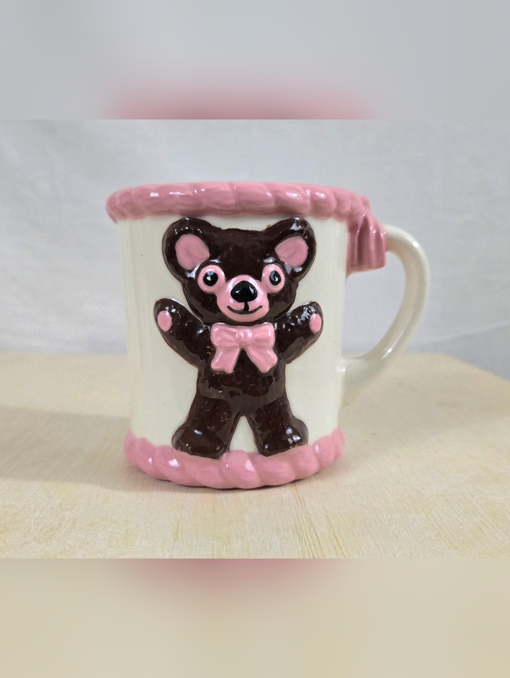 Vintage 1982 Girl's Handmade Ceramic 3D Raised Teddy Bear 8 Oz Cup
